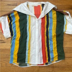 Tory Burch Button Down Blouse with Leather Sleeve Adjustor Straps